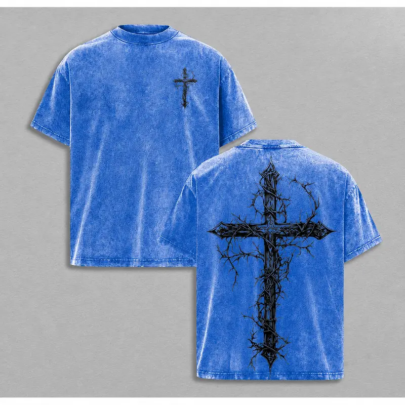 Vintage Thorn Cross Graphic T-Shirt | Gothic Christian Washed Tee