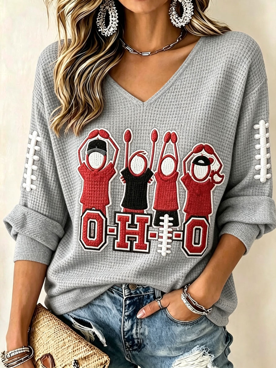 Women'S College Rugby Printed Waffle V-Neck Top