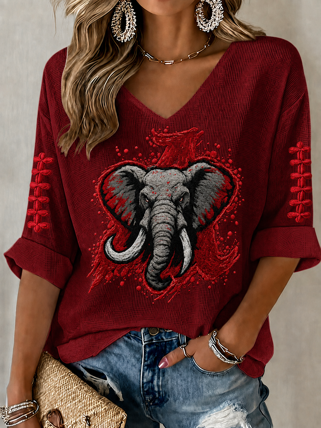 Women'S Rugby Patterned Waffle V-Neck Top