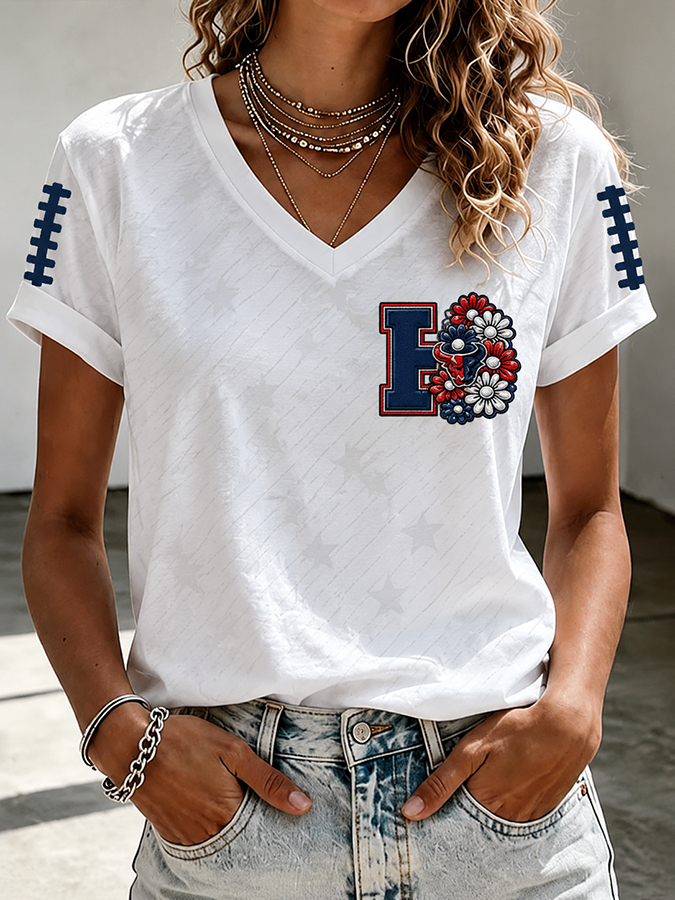 Women'S Rugby Printed V-Neck T-Shirt
