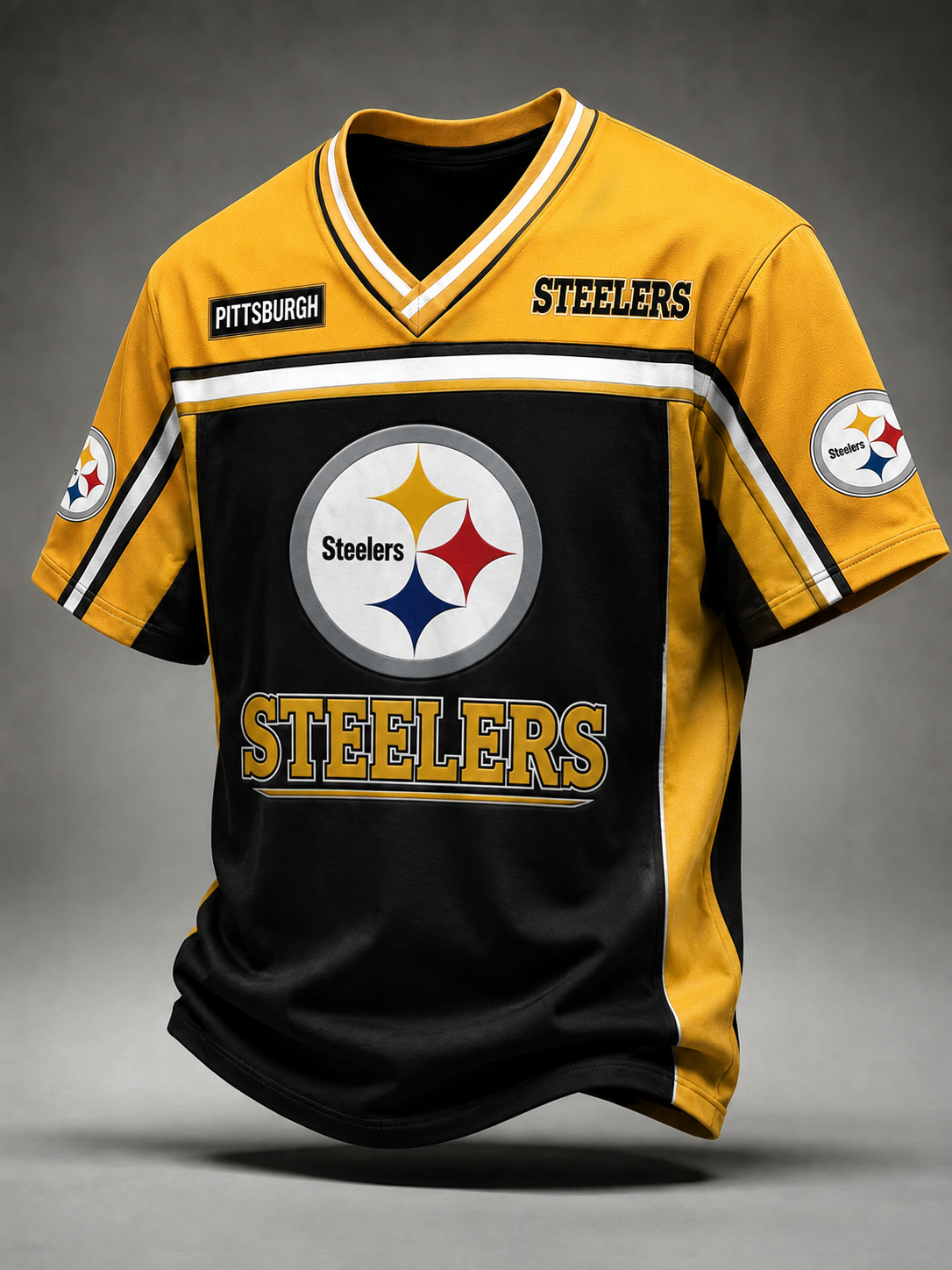 Men's Pittsburgh Steelers Color Block Retro V-Neck Sports T-Shirt, New Design