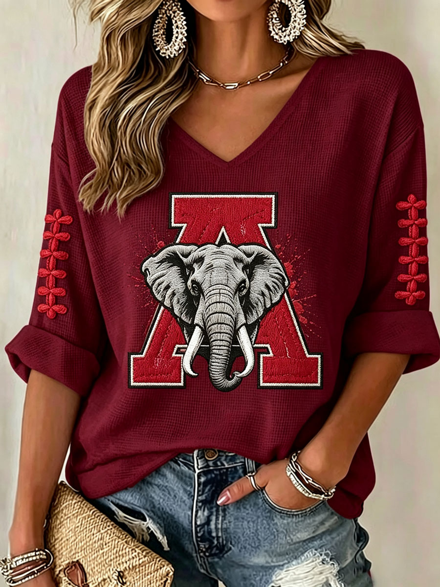 Women'S Rugby Patterned Waffle V-Neck Top