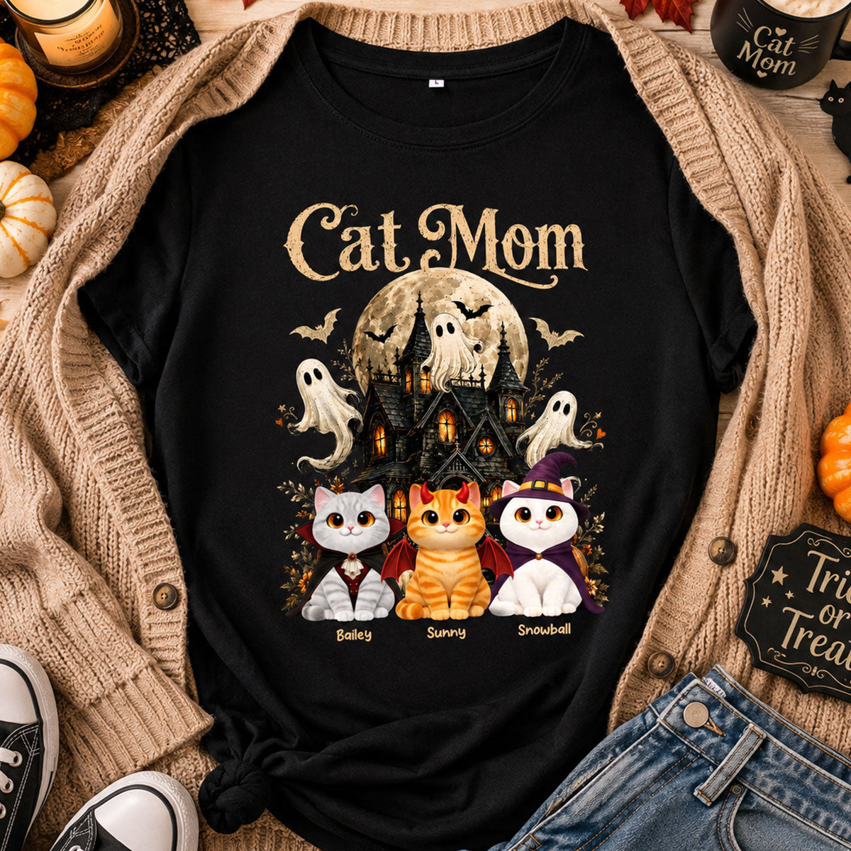 Halloween Haunted House Cat Mom Cute Cats - Personalized Shirt - Halloween Gift For Cat Lovers