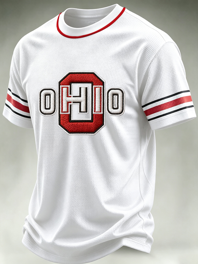 Men's University Team Rugby Embroidered Printed Waffle Round Neck T-shirt