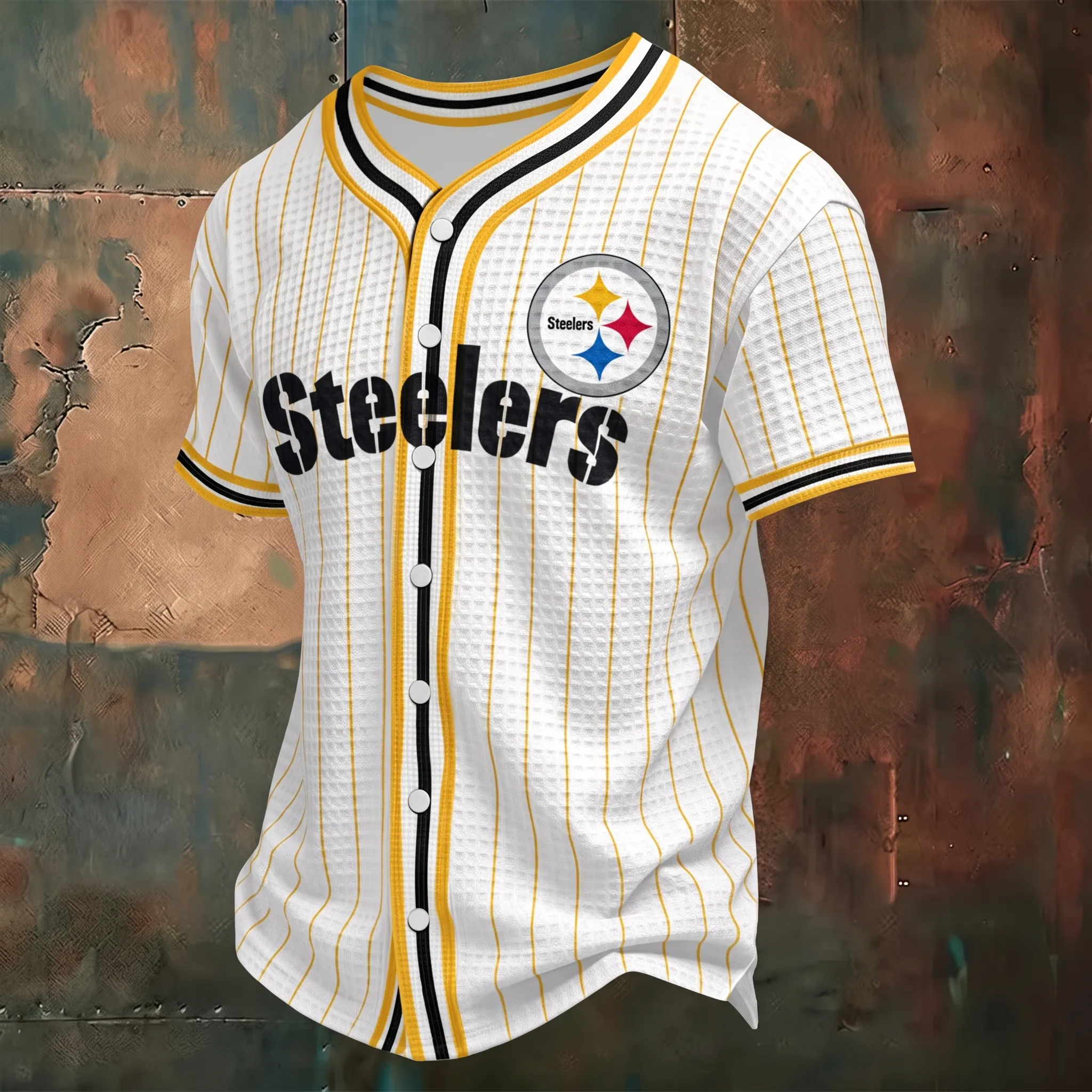 Men's Pittsburgh Steelers Yellow Pinstripe Button Down Short Sleeve Baseball Football Jersey