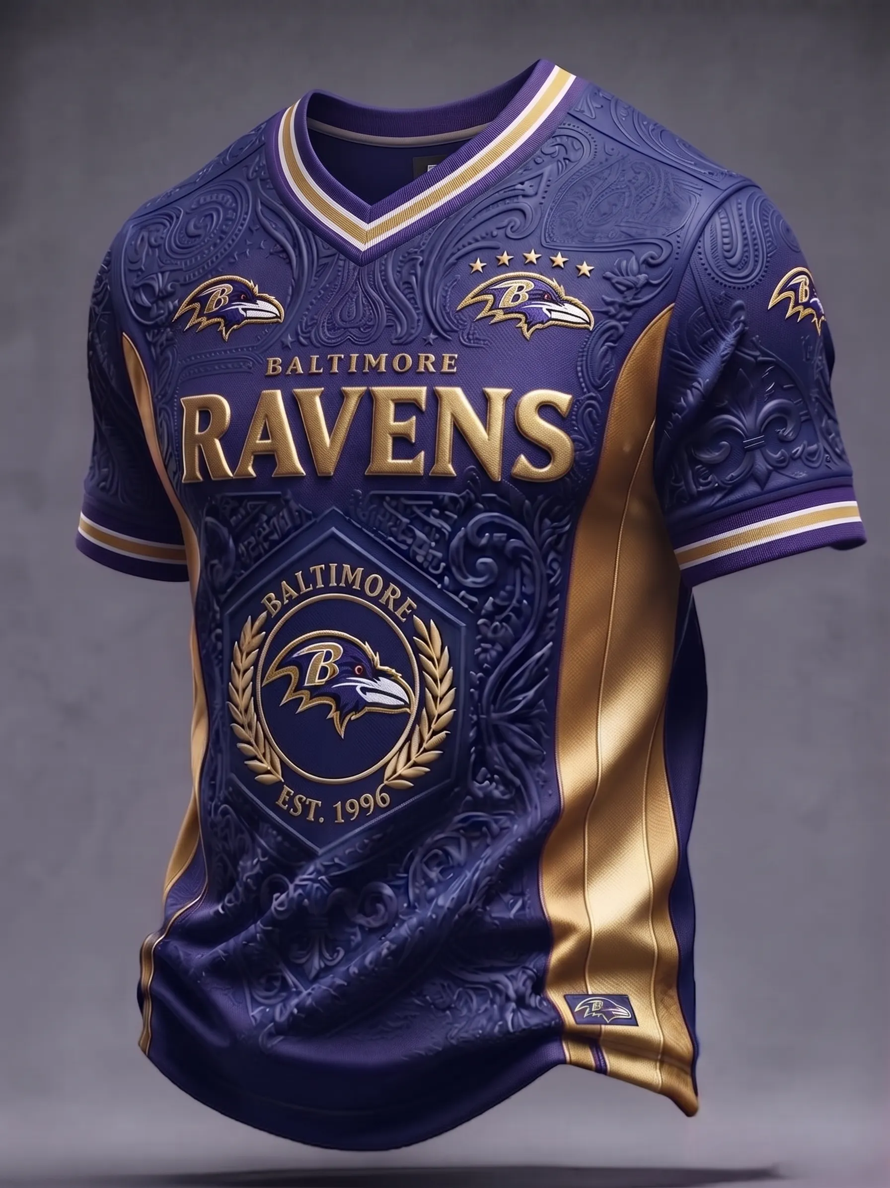 Men's Baltimore Ravens Paisley Embossed EST.1996 V-Neck Football Jersey Tee