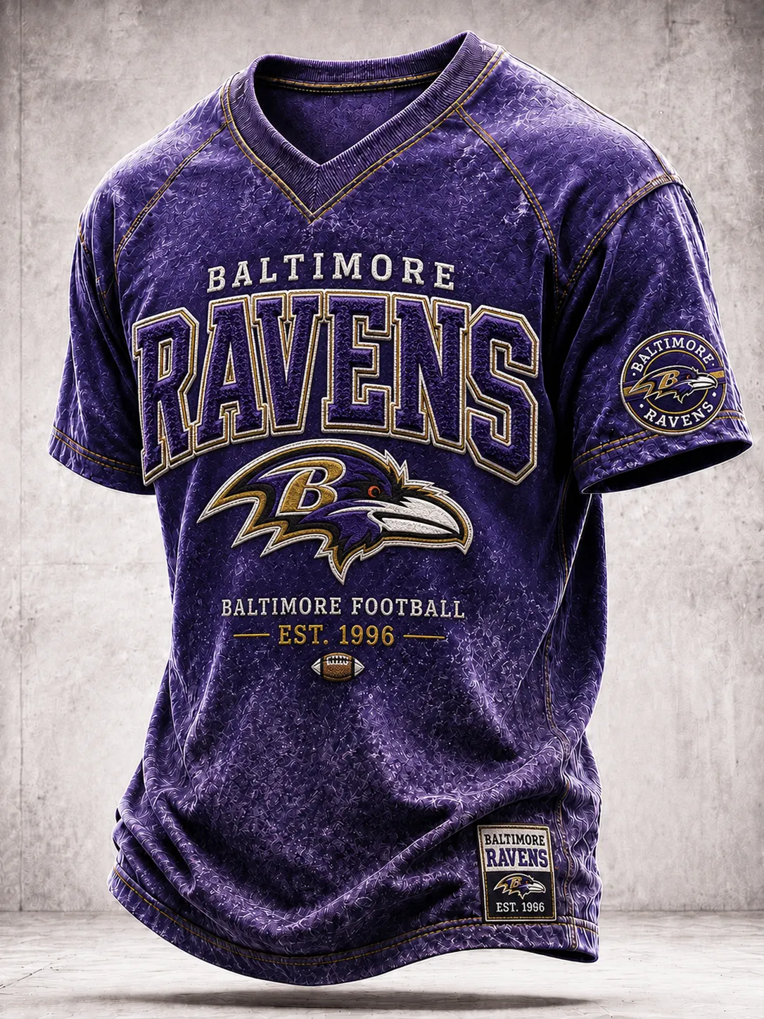 Men's Baltimore Ravens Vintage Embossed V-Neck Football Sports T-Shirt