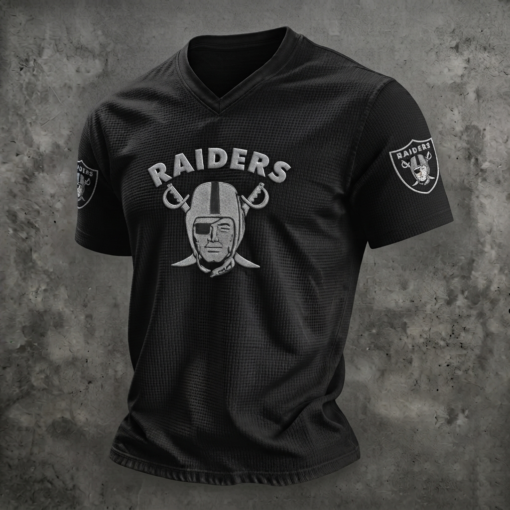 Raiders Football-Inspired Graphic Men's Premium Waffle-Knit V-Neck Tee – Premium Cotton-Blend Waffle Knit, Breathable & Comfortable Fan Apparel