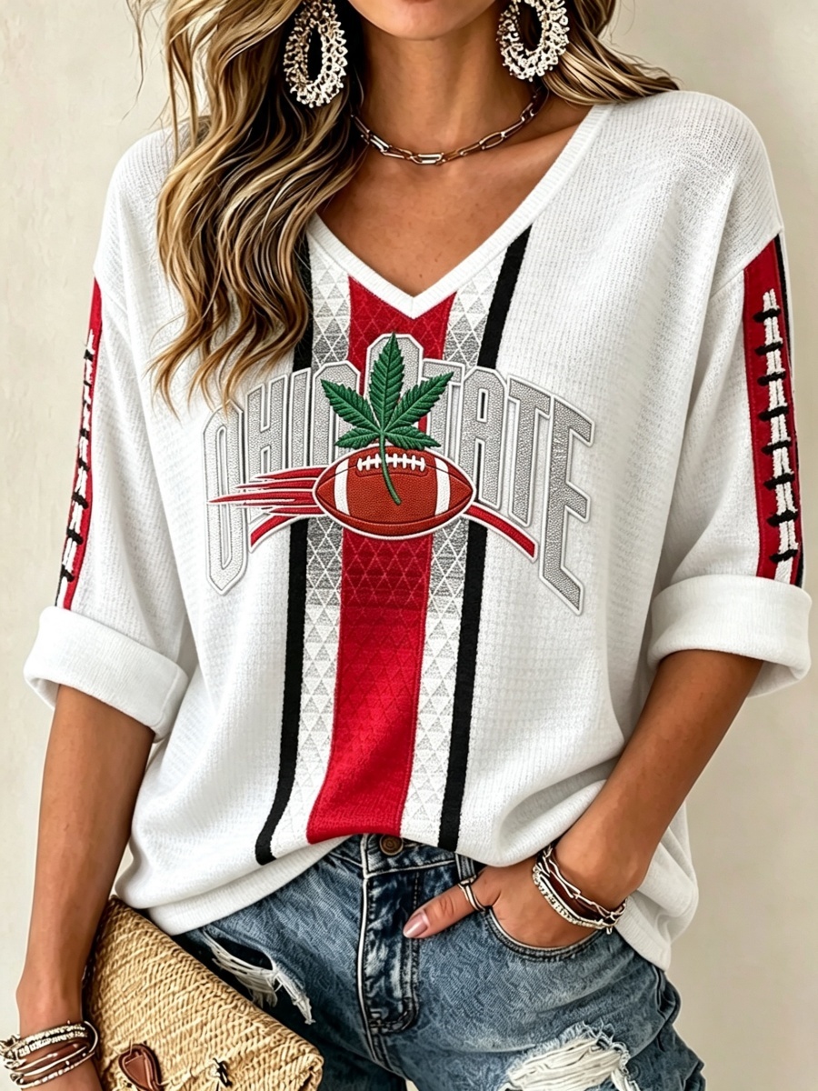 Women'S Football Print Waffle V-Neck Top
