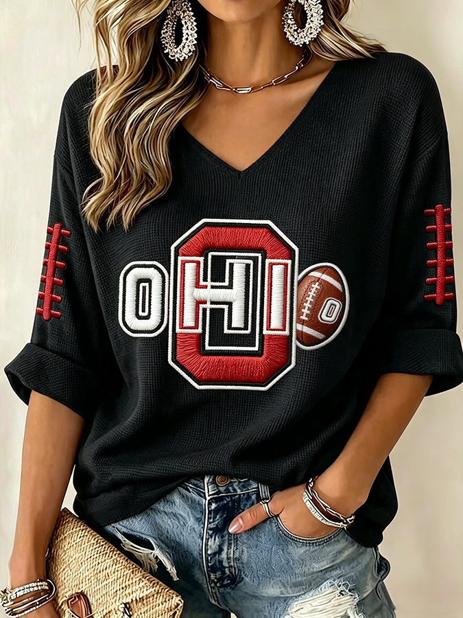 Women'S College Rugby Printed Waffle V-Neck Top