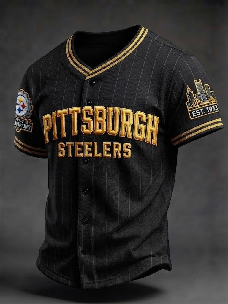 Men's Pittsburgh Steelers Pinstripe Embroidered Button-Up Baseball Football Jersey
