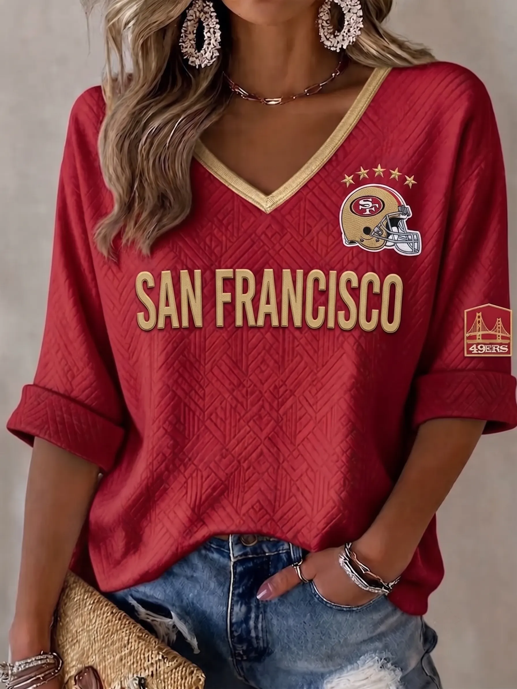 Women's San Francisco 49ers Helmet & Golden Gate Print Gold Trim V-Neck 3/4 Sleeve Quilted Football Fan T-Shirt