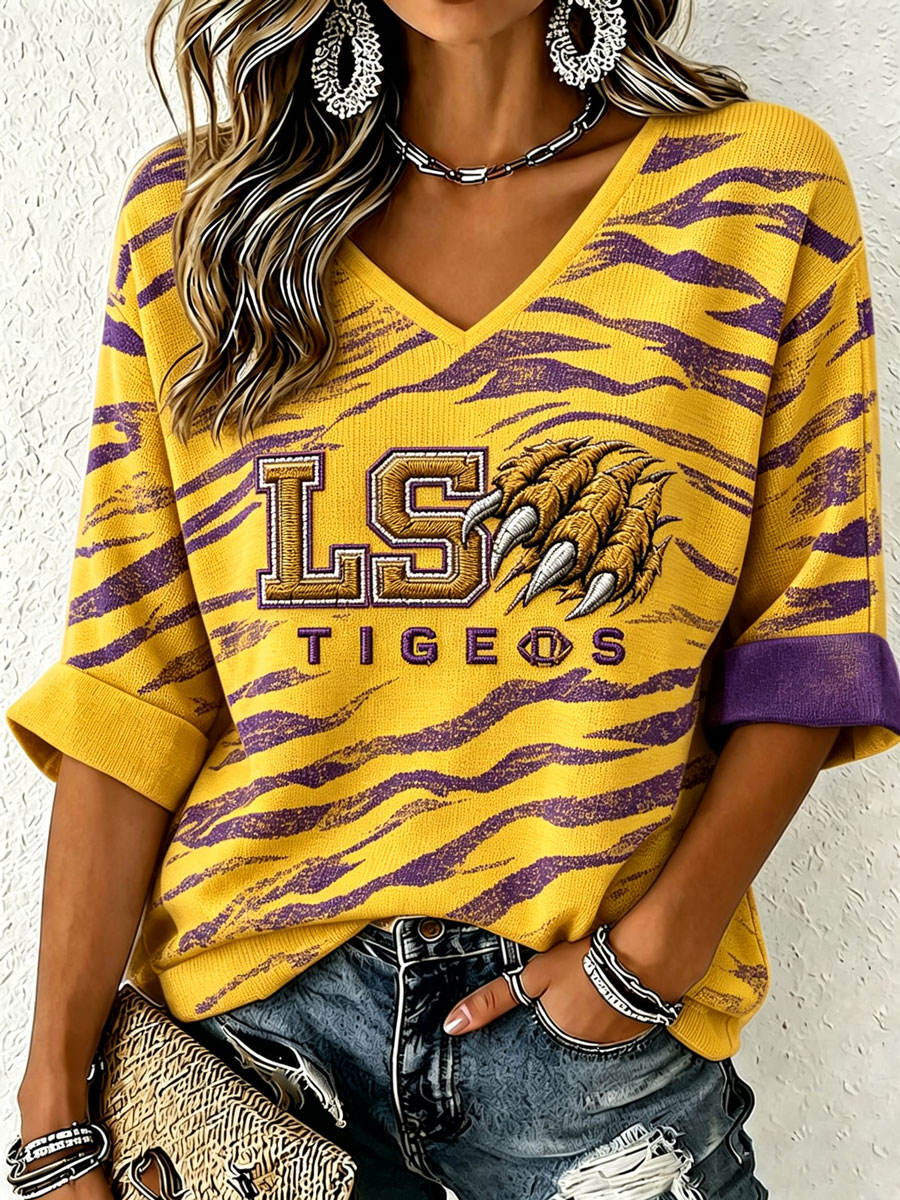 Women'S Rugby Patterned Waffle V-Neck Top