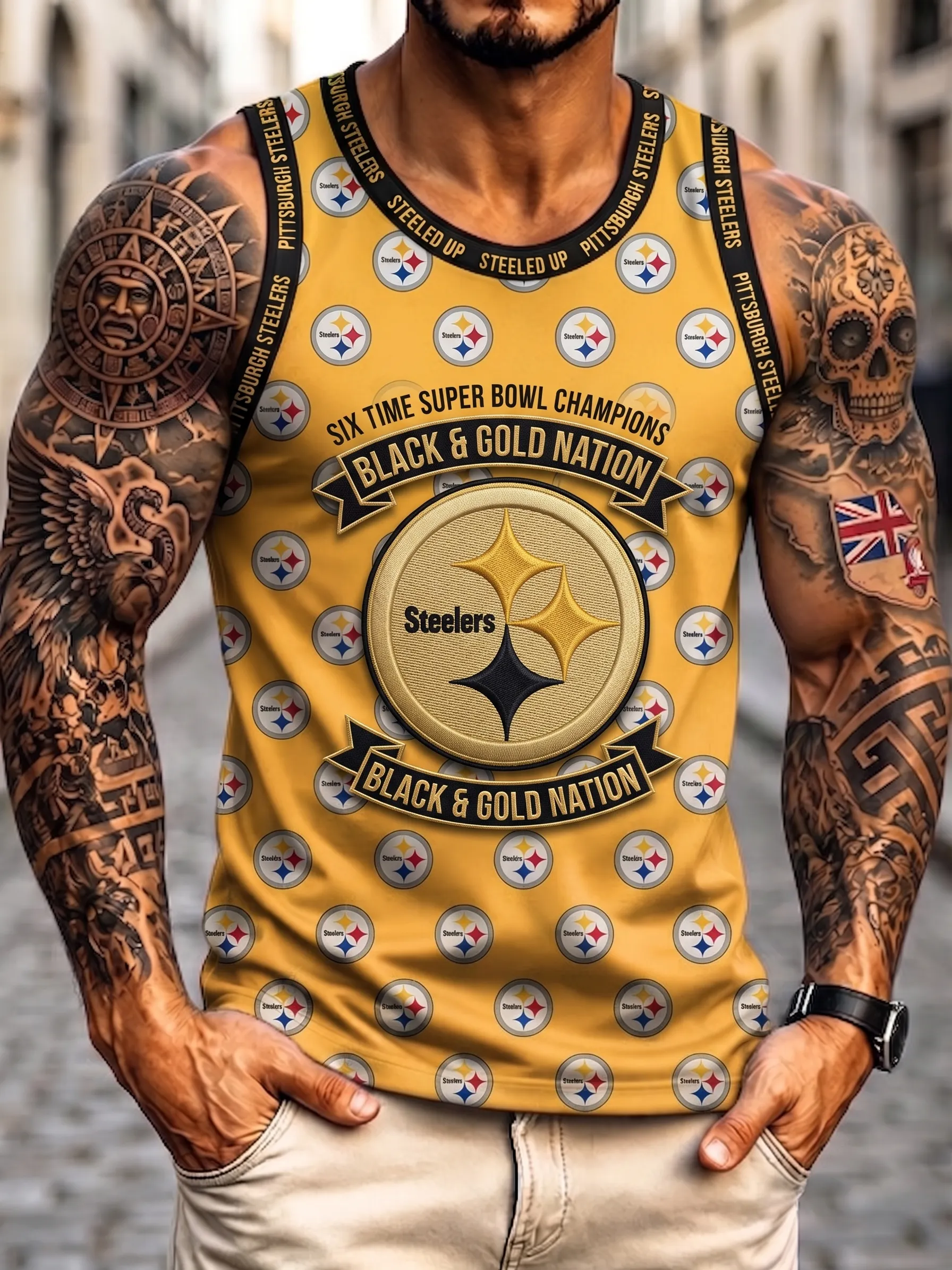 Men's Pittsburgh Steelers All-Over Logo Print Championship Sleeveless Football Tank Top