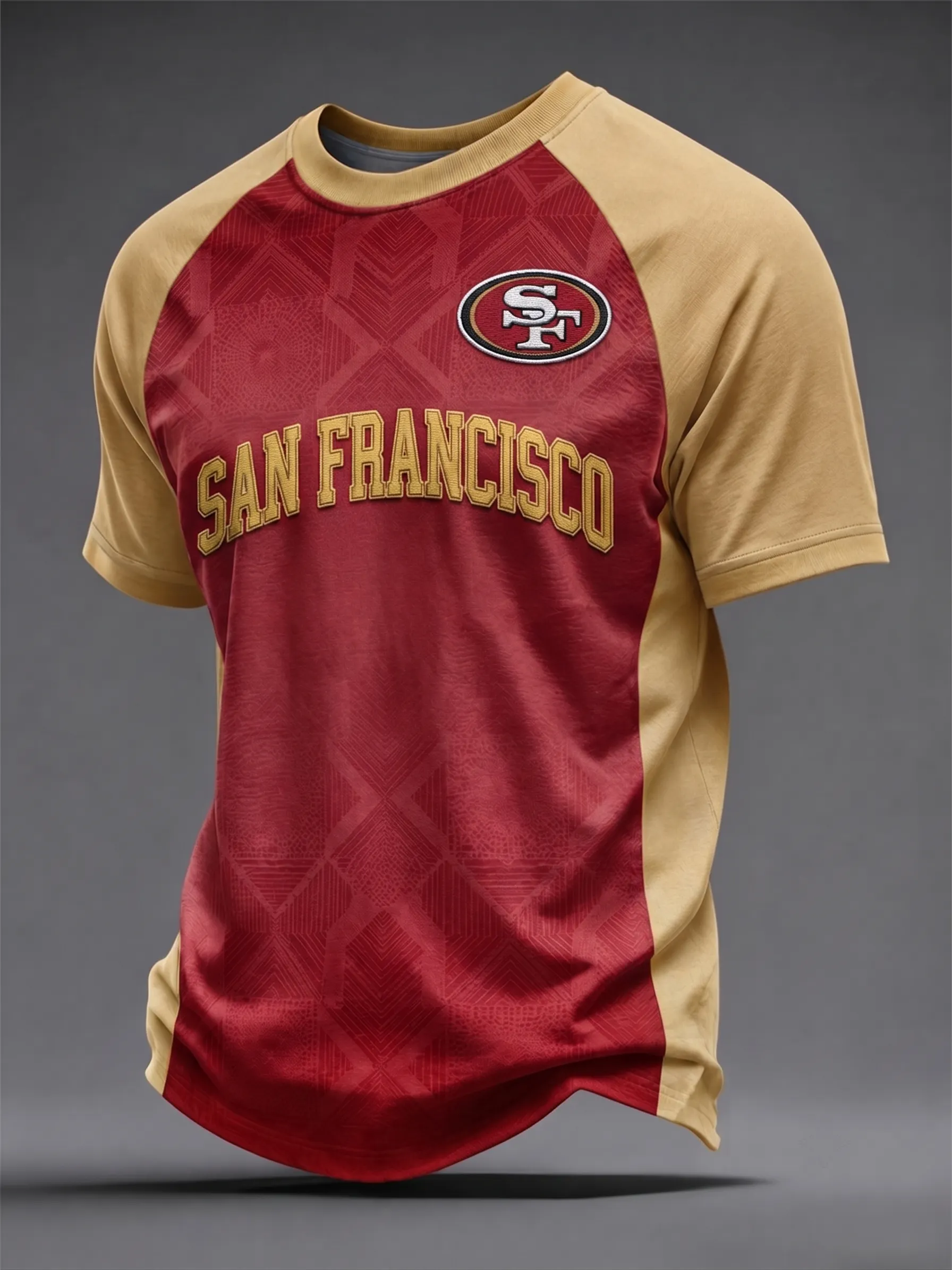 Men's San Francisco 49ers Red Gold Geometric Jacquard Raglan Crew Neck Short Sleeve Football T-Shirt