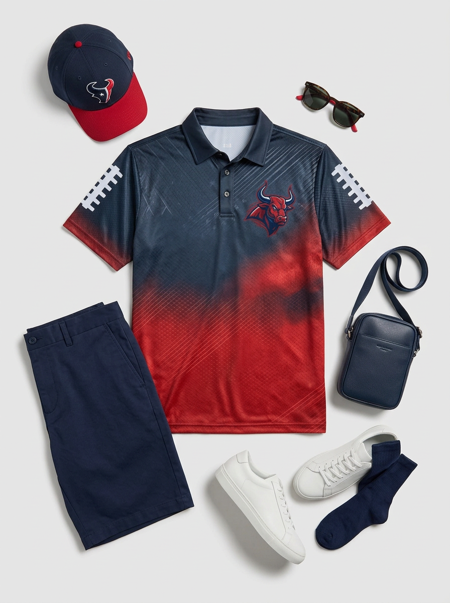 Men's Houston Texans Football Bull Logo Printed Polo Shirt