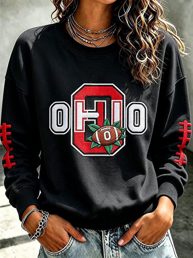 Women'S Embroidered Rugby Round Neck Top