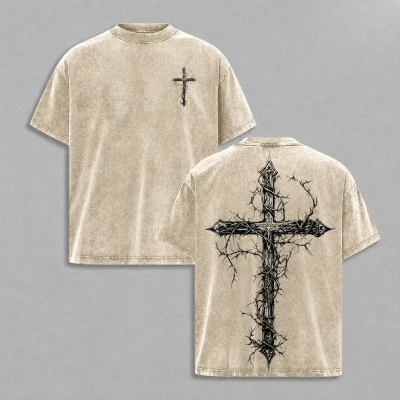Vintage Thorn Cross Graphic T-Shirt | Gothic Christian Washed Tee