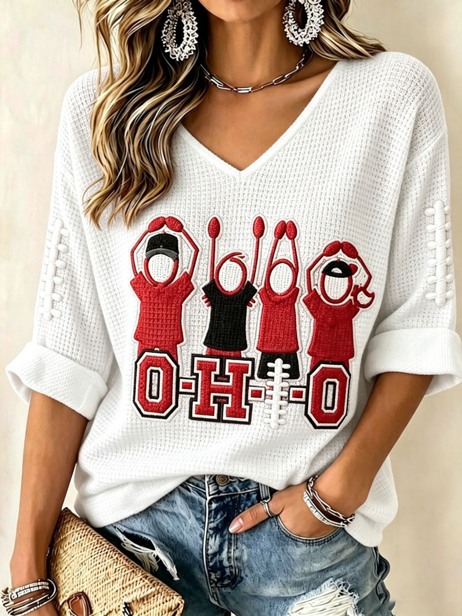 Women'S College Rugby Printed Waffle V-Neck Top