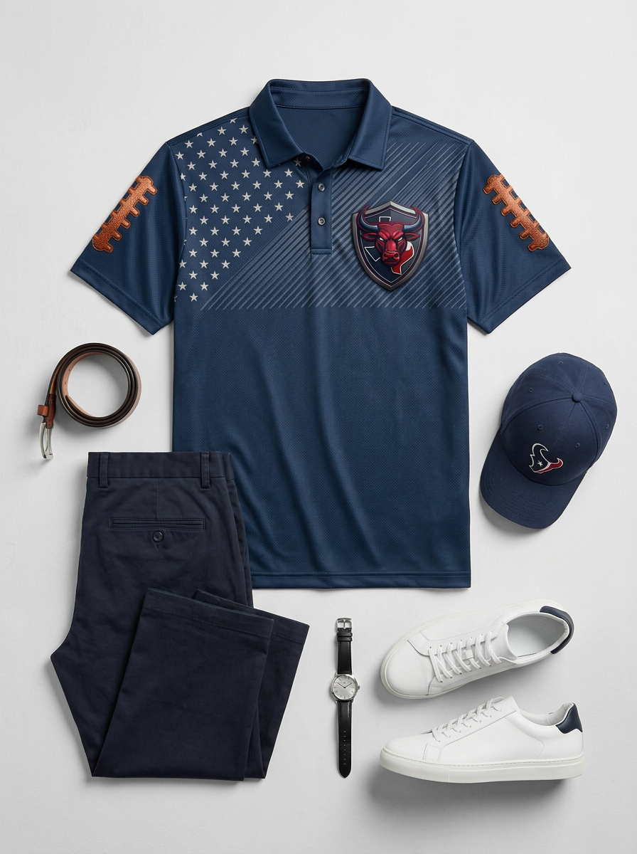 Men's Houston Texans Football Bull Shield Flag Printed Polo Shirt