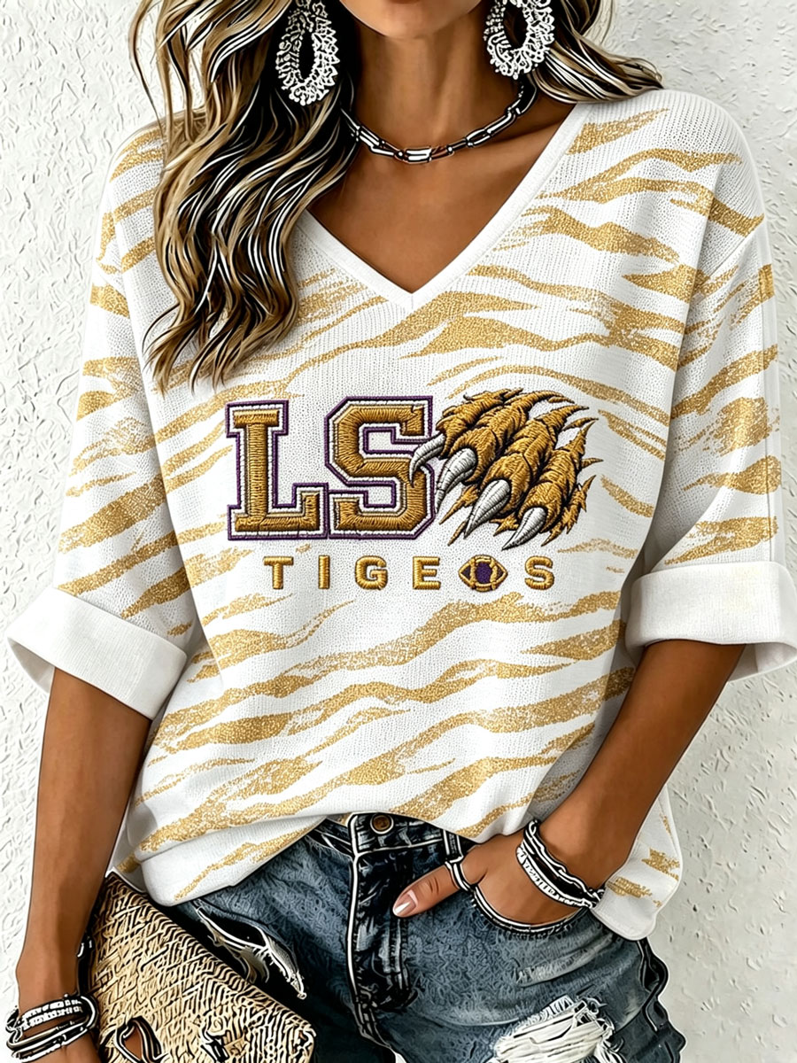 Women'S Rugby Patterned Waffle V-Neck Top