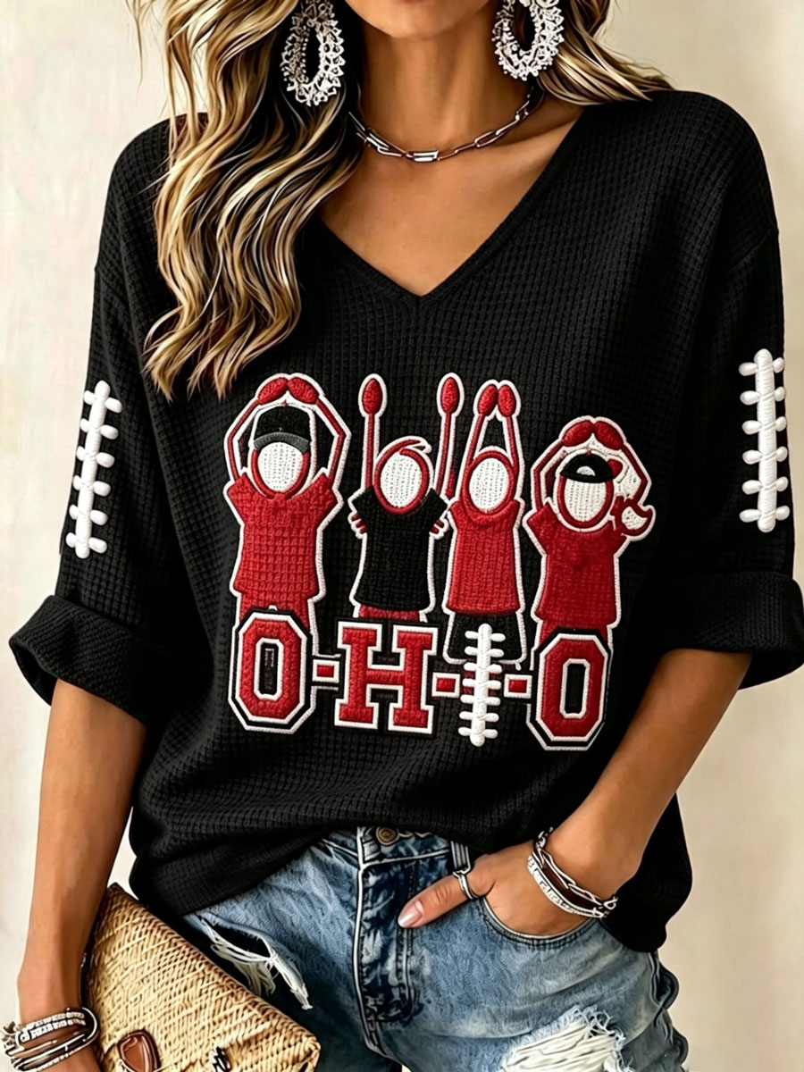 Women'S College Rugby Printed Waffle V-Neck Top