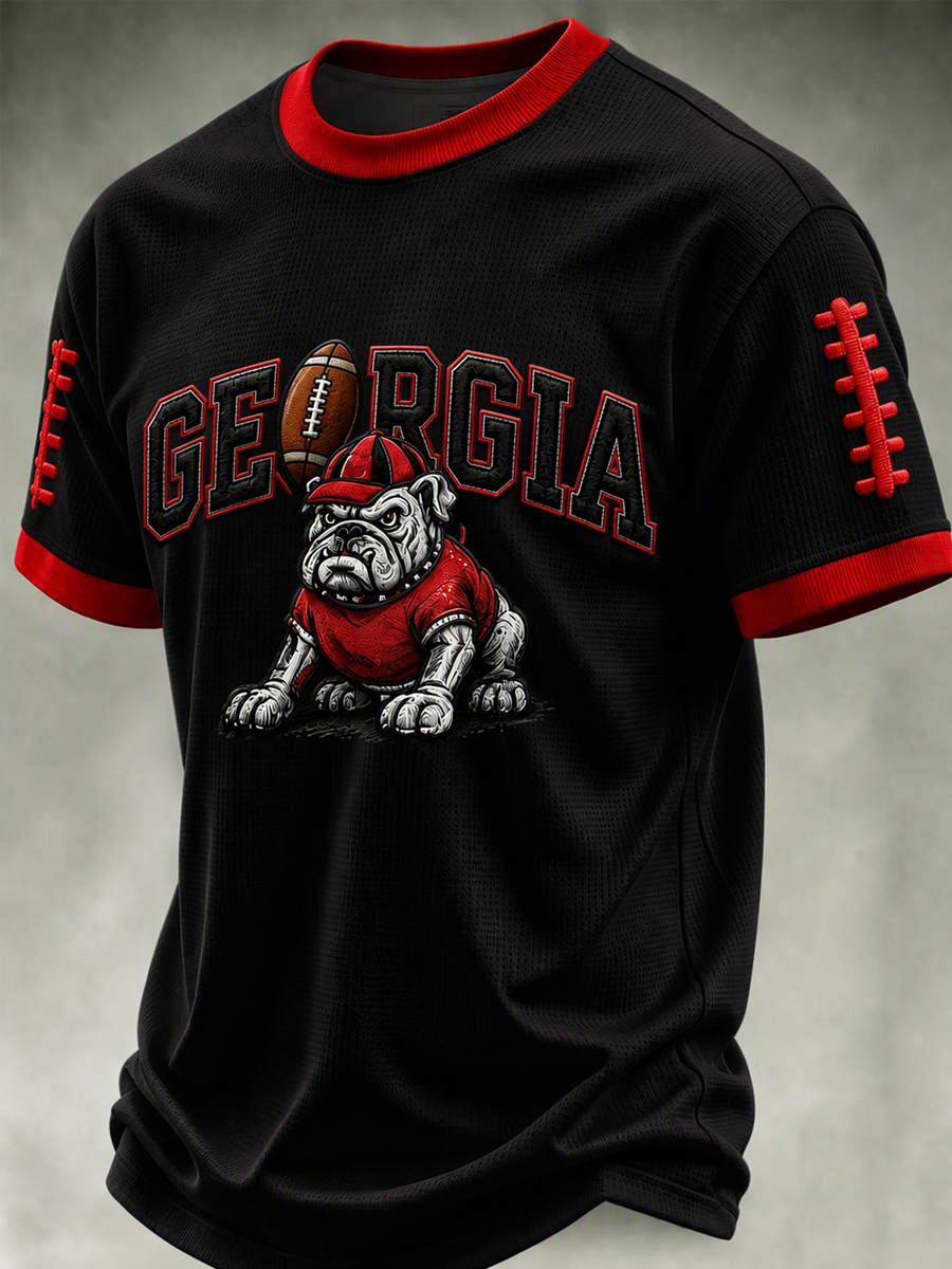 Men's University Team Rugby Embroidered Printed Waffle Round Neck T-shirt
