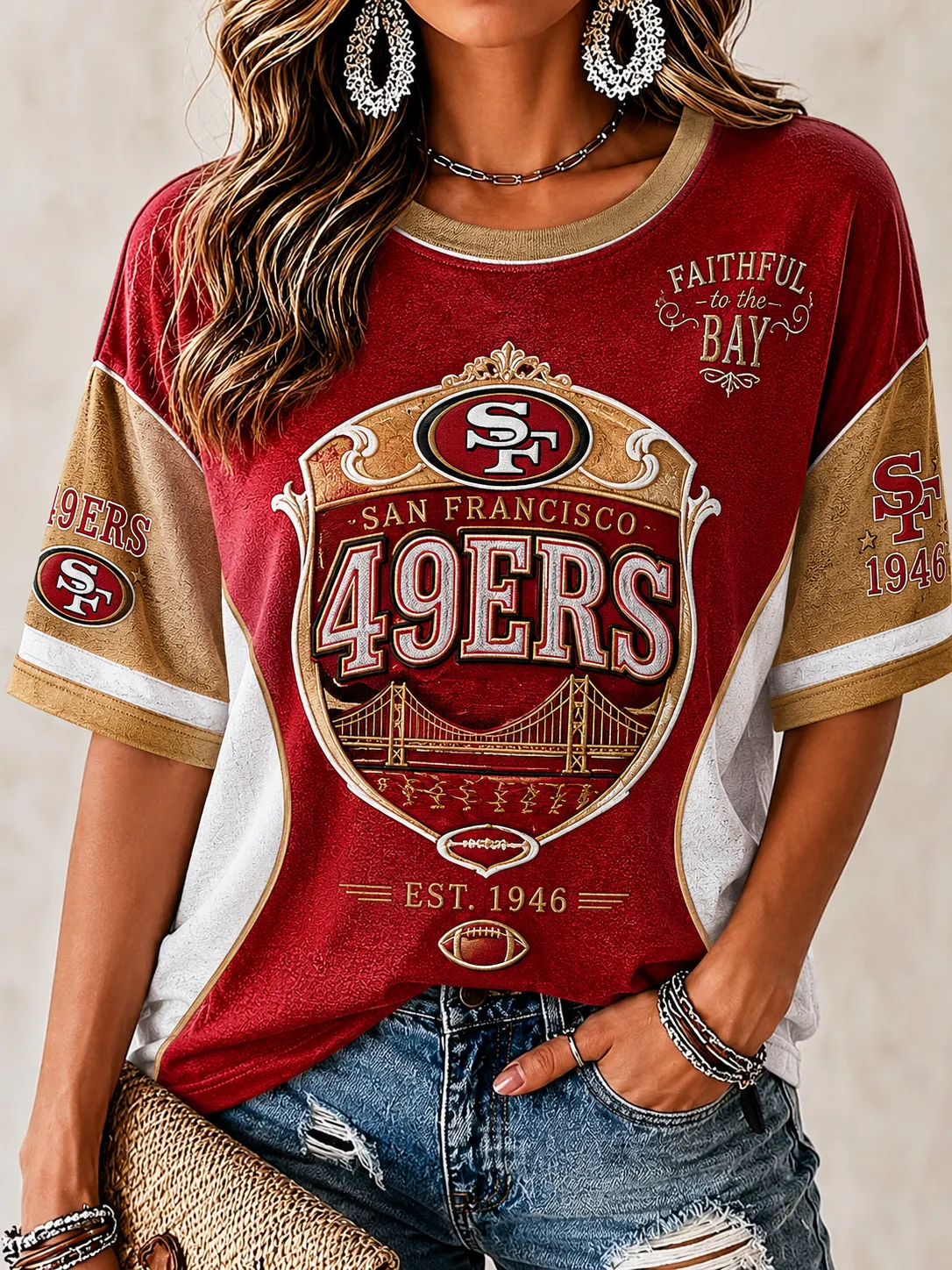 Women's San Francisco 49ers Color Block Golden Gate Bridge Vintage Crew Neck Football Short Sleeve Tee