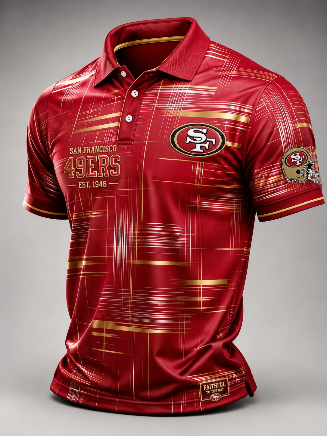 Men's San Francisco 49ers Gold Line All Over Print Red Performance Football Fan Polo Shirt