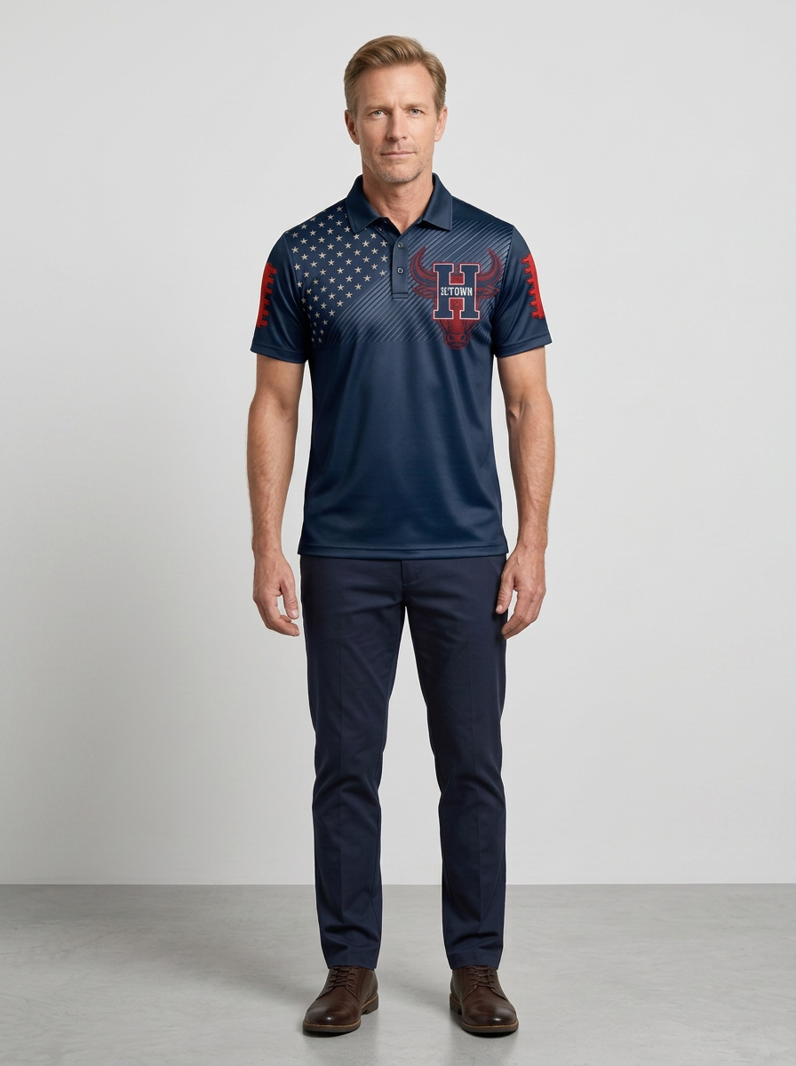 Men's Houston Football Fan H-Town Bull Flag Printed Polo Shirt