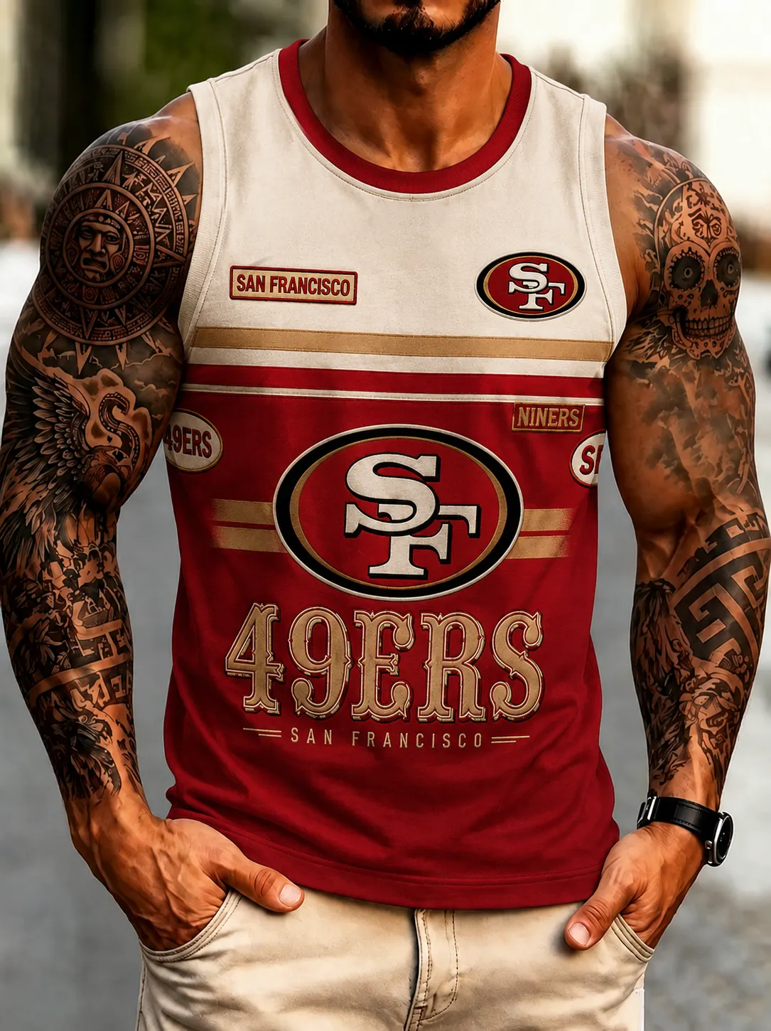 Men's San Francisco 49ers Two-Tone Color Block Striped Football Sleeveless Jersey Tank Top