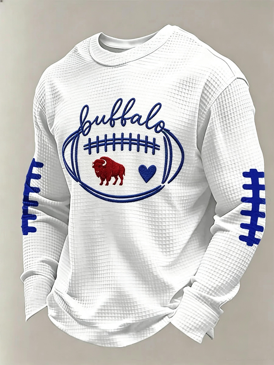 Men'S Buffalo Print Football Fans Gameday Casual Waffle Long Sleeve T-Shirt