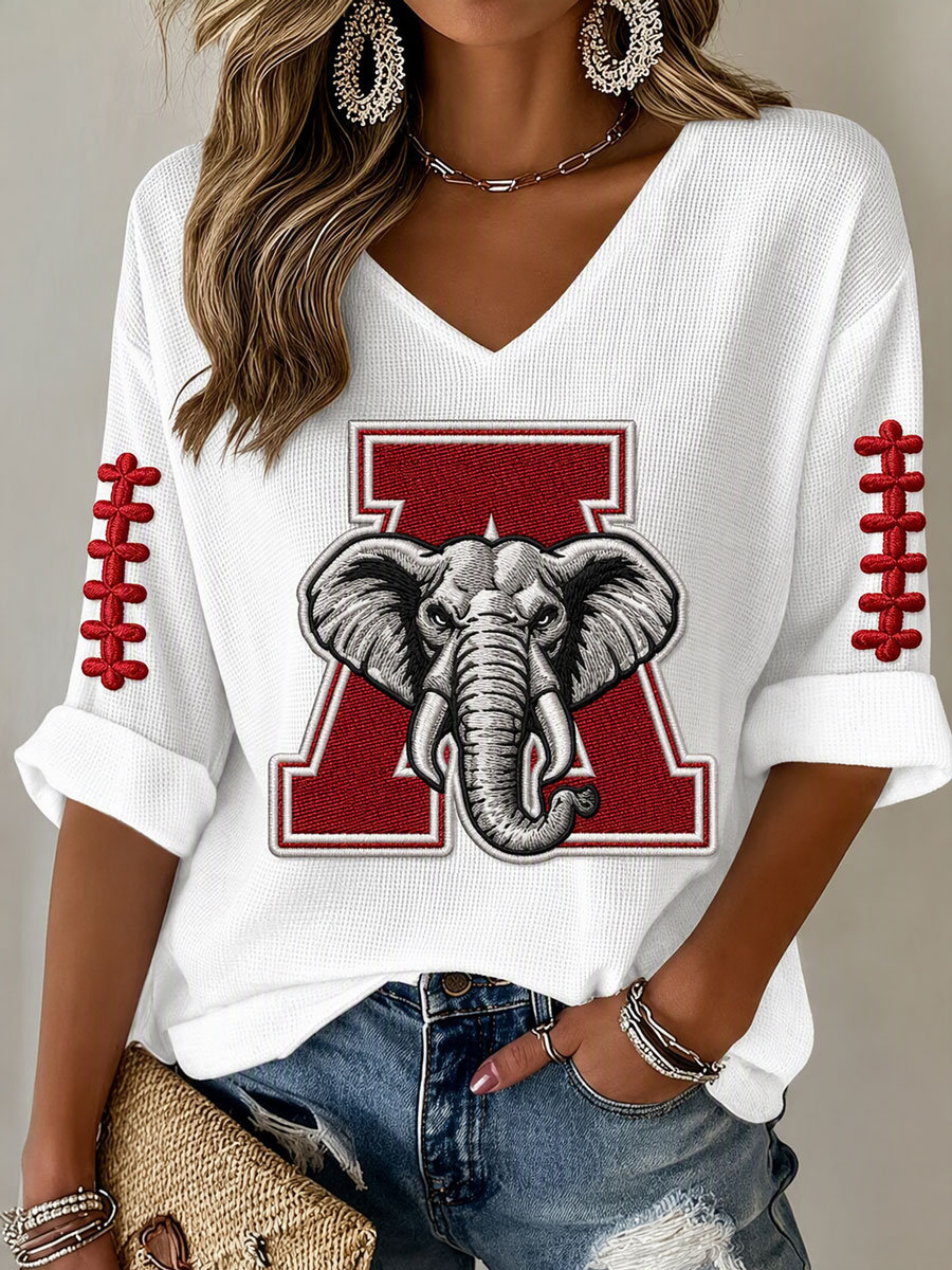 Women'S Rugby Patterned Waffle V-Neck Top