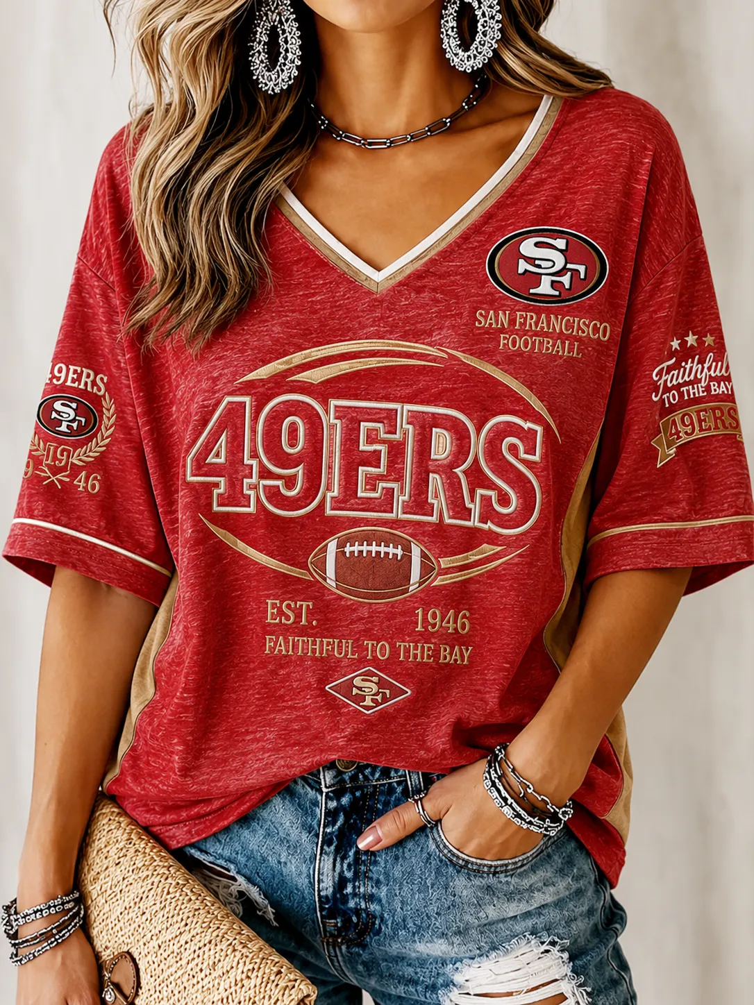 Women's Heather Red San Francisco 49ers Side Color Block Vintage Football V-Neck Short Sleeve Tee
