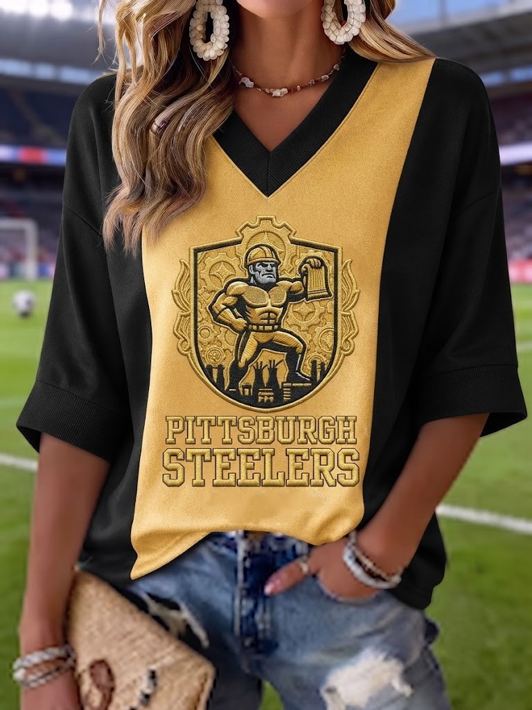 Women's Pittsburgh Steelers Black & Gold Color Block V-Neck 3/4 Sleeve Football Mascot Print T-Shirt