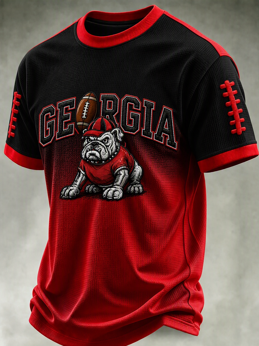 Men's University Team Rugby Embroidered Printed Waffle Round Neck T-shirt