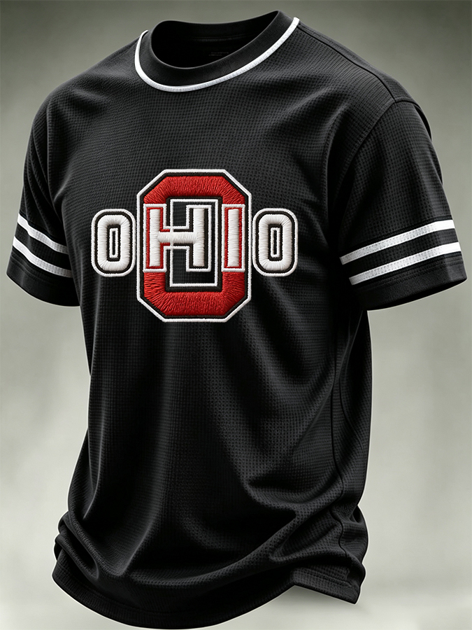 Men's University Team Rugby Embroidered Printed Waffle Round Neck T-shirt