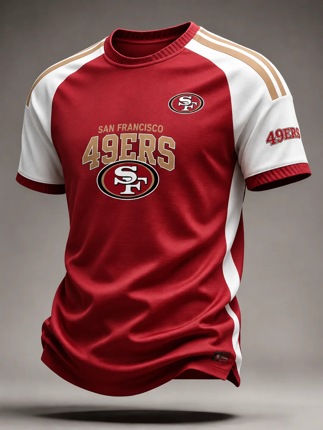 Men's San Francisco 49ers Red White Color Block Gold Piping Retro Crew Neck Football Short Sleeve T-Shirt