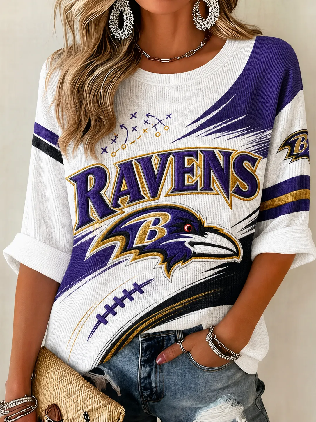 Women's Baltimore Ravens Color Block Waffle Knit 3/4 Sleeve Football Tee