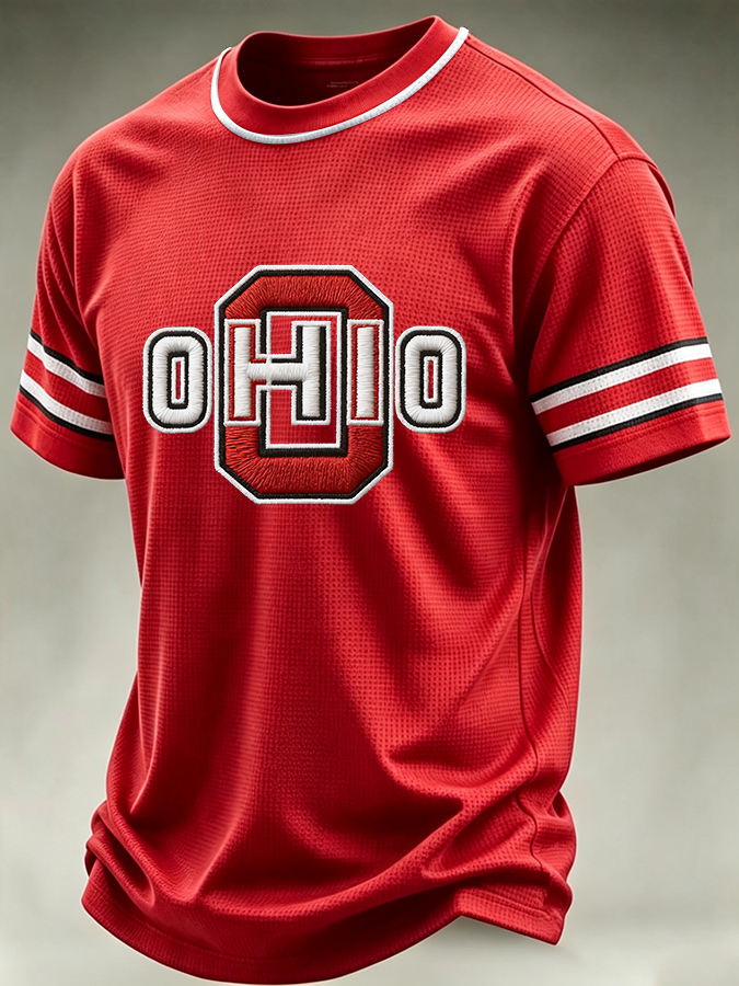 Men's University Team Rugby Embroidered Printed Waffle Round Neck T-shirt