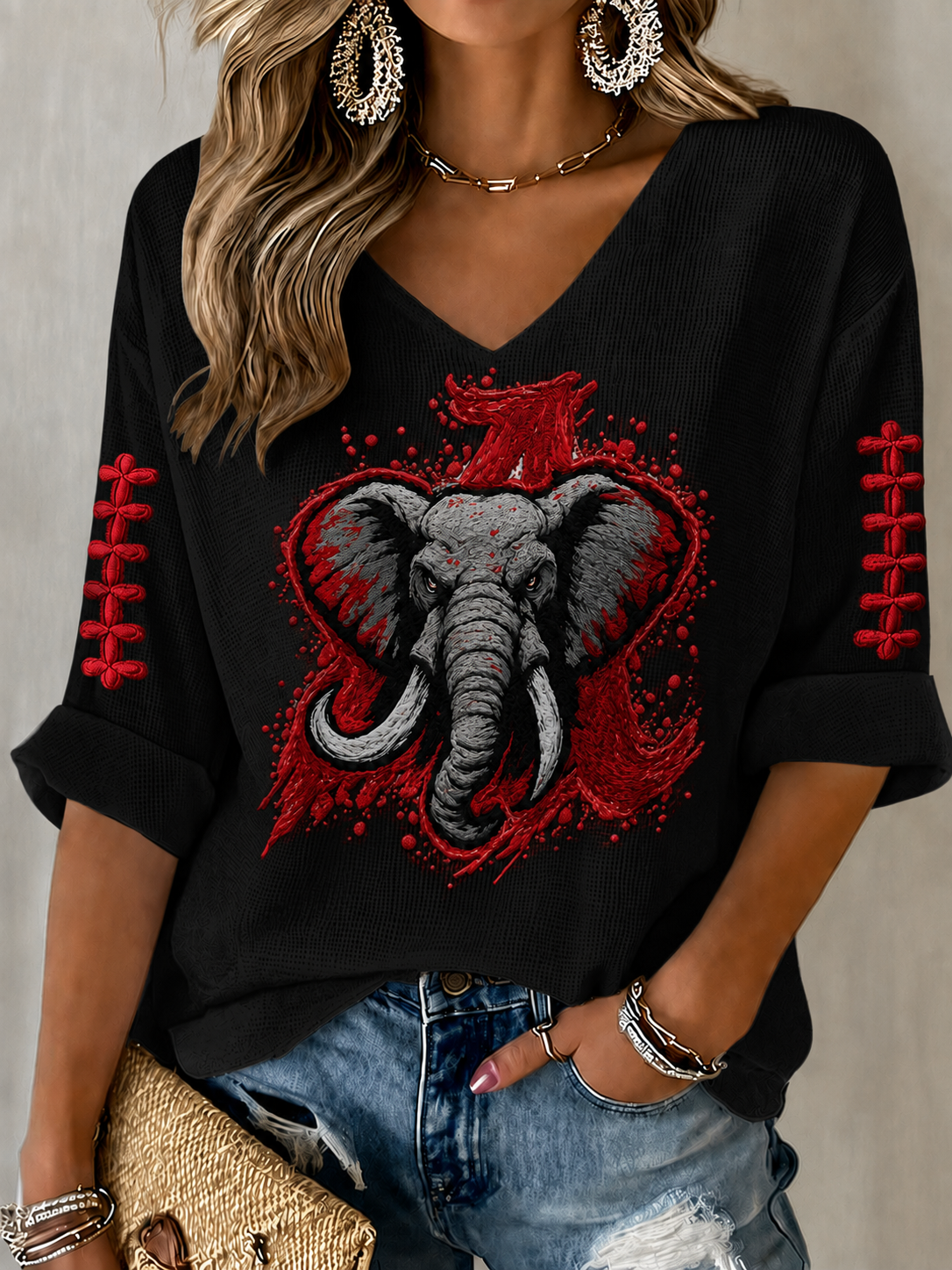 Women'S Rugby Patterned Waffle V-Neck Top