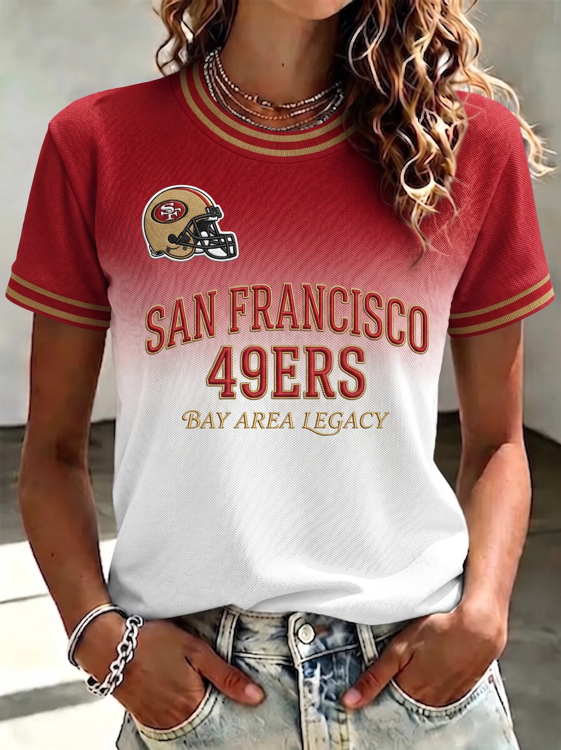 Women's San Francisco 49ers Red-to-White Gradient Mesh Crew Neck Football Print Casual T-Shirt