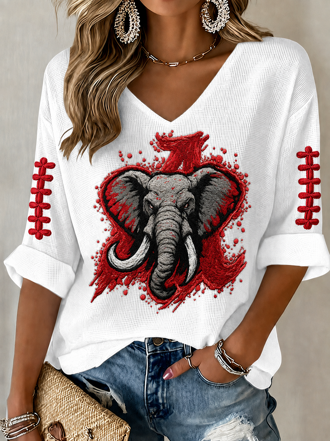 Women'S Rugby Patterned Waffle V-Neck Top
