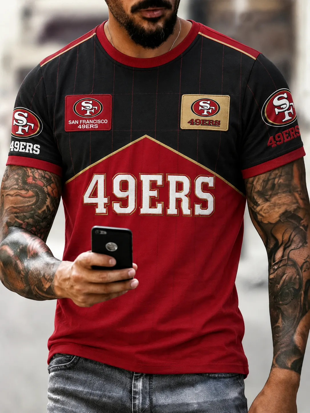 Men's San Francisco 49ers Color Block Patchwork Multiple Team Patches Retro Crew Neck Short Sleeve T-Shirt
