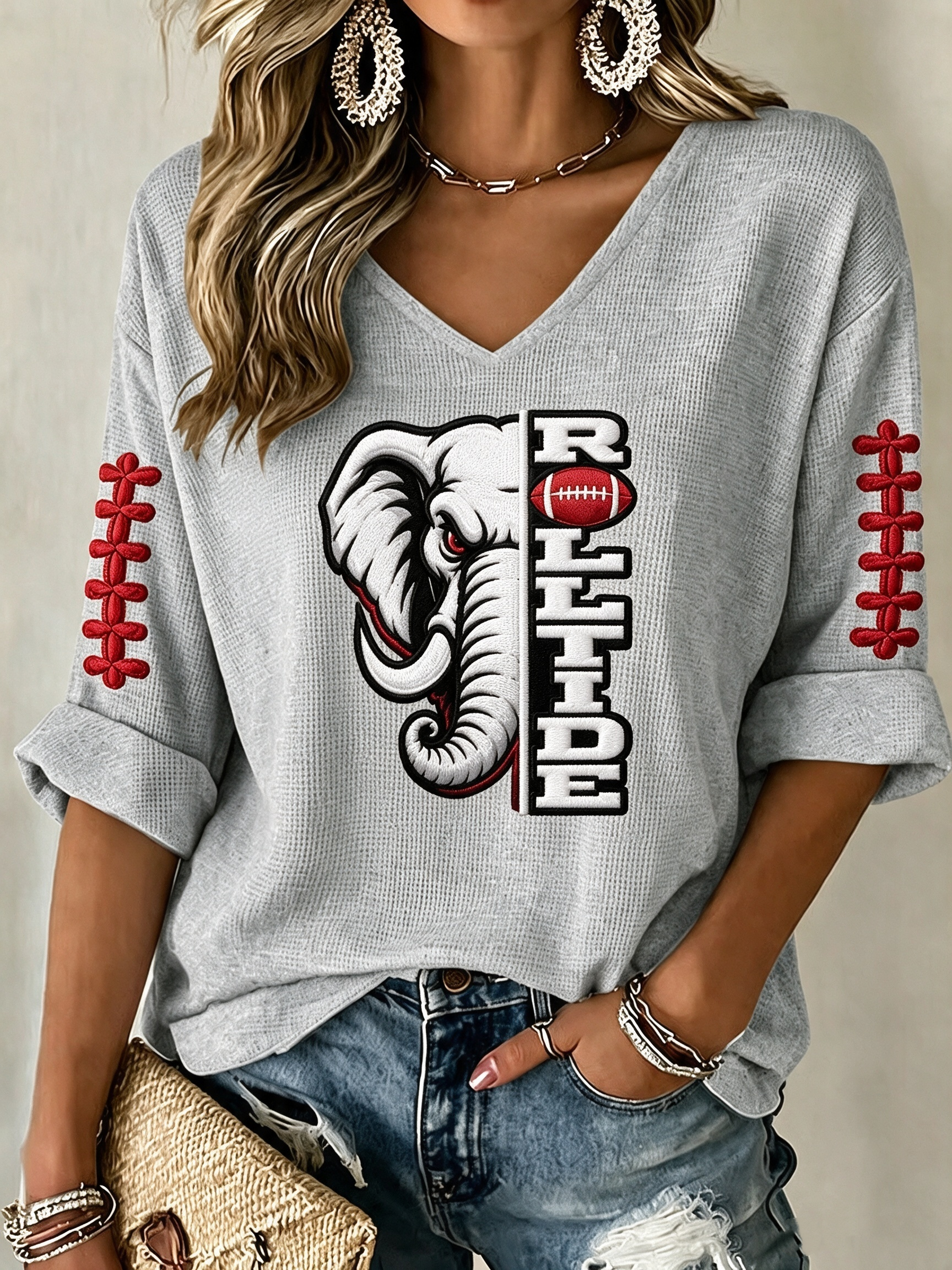 Women'S Rugby Patterned Waffle V-Neck Top