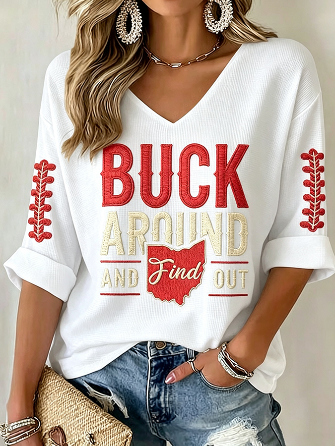 Women'S Rugby Patterned Waffle V-Neck Top