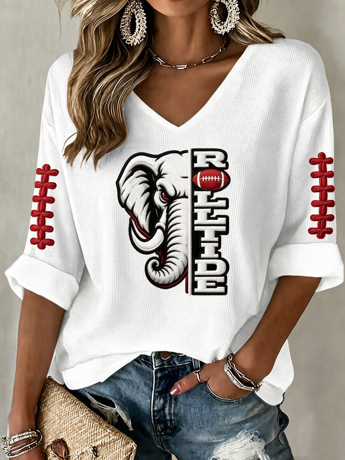Women'S Rugby Patterned Waffle V-Neck Top