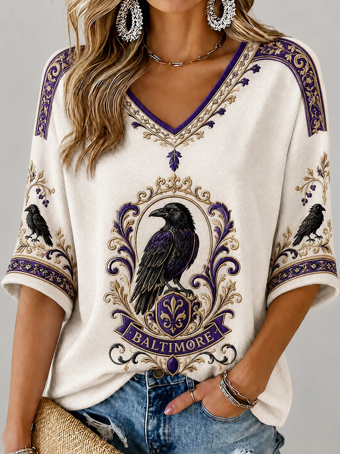 Women's Casual Football Team Graphic V-Neck Tee