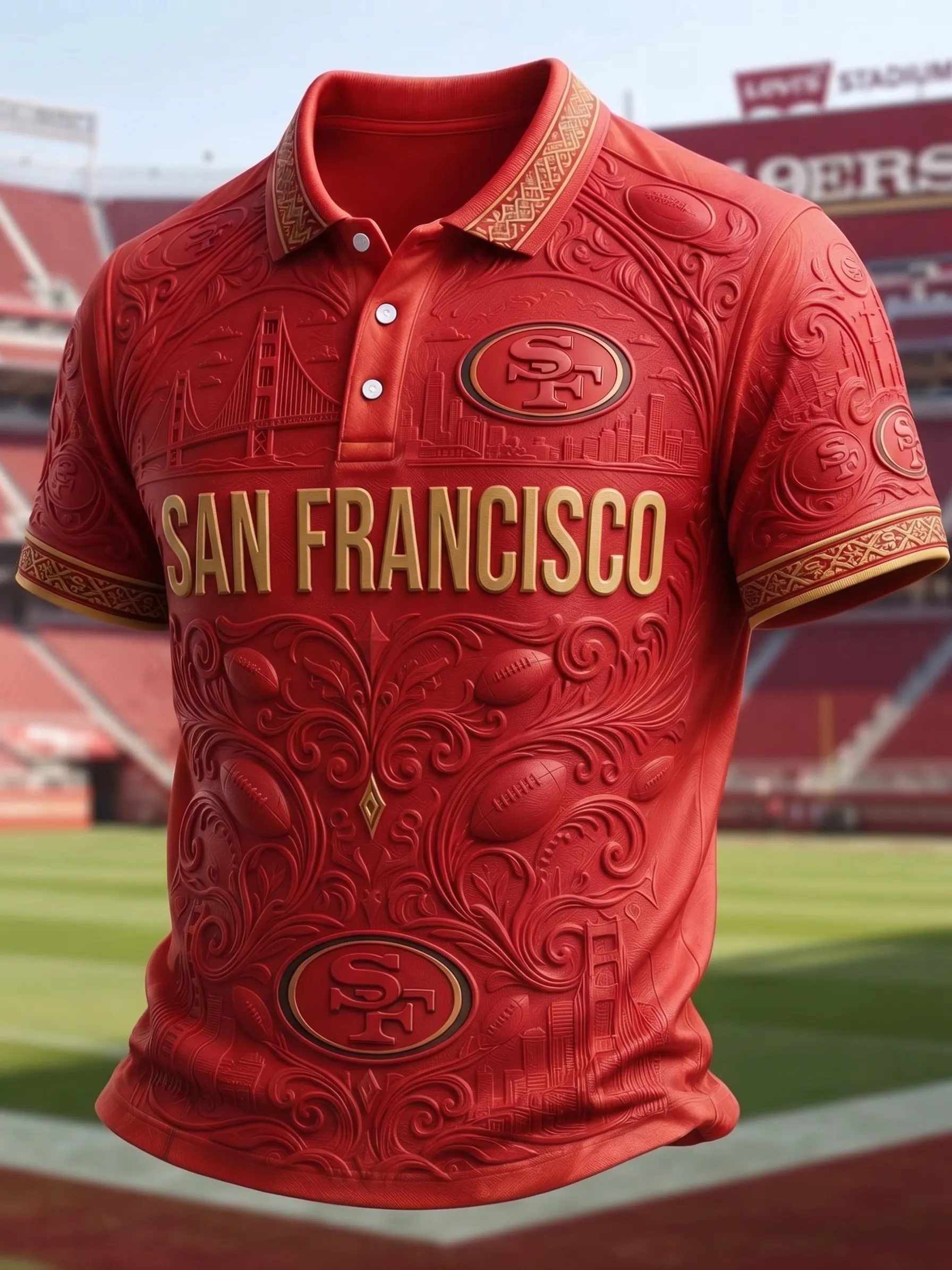 Men's San Francisco 49ers Embossed Golden Gate City Pattern Red Gold Trim Football Fan Polo Shirt