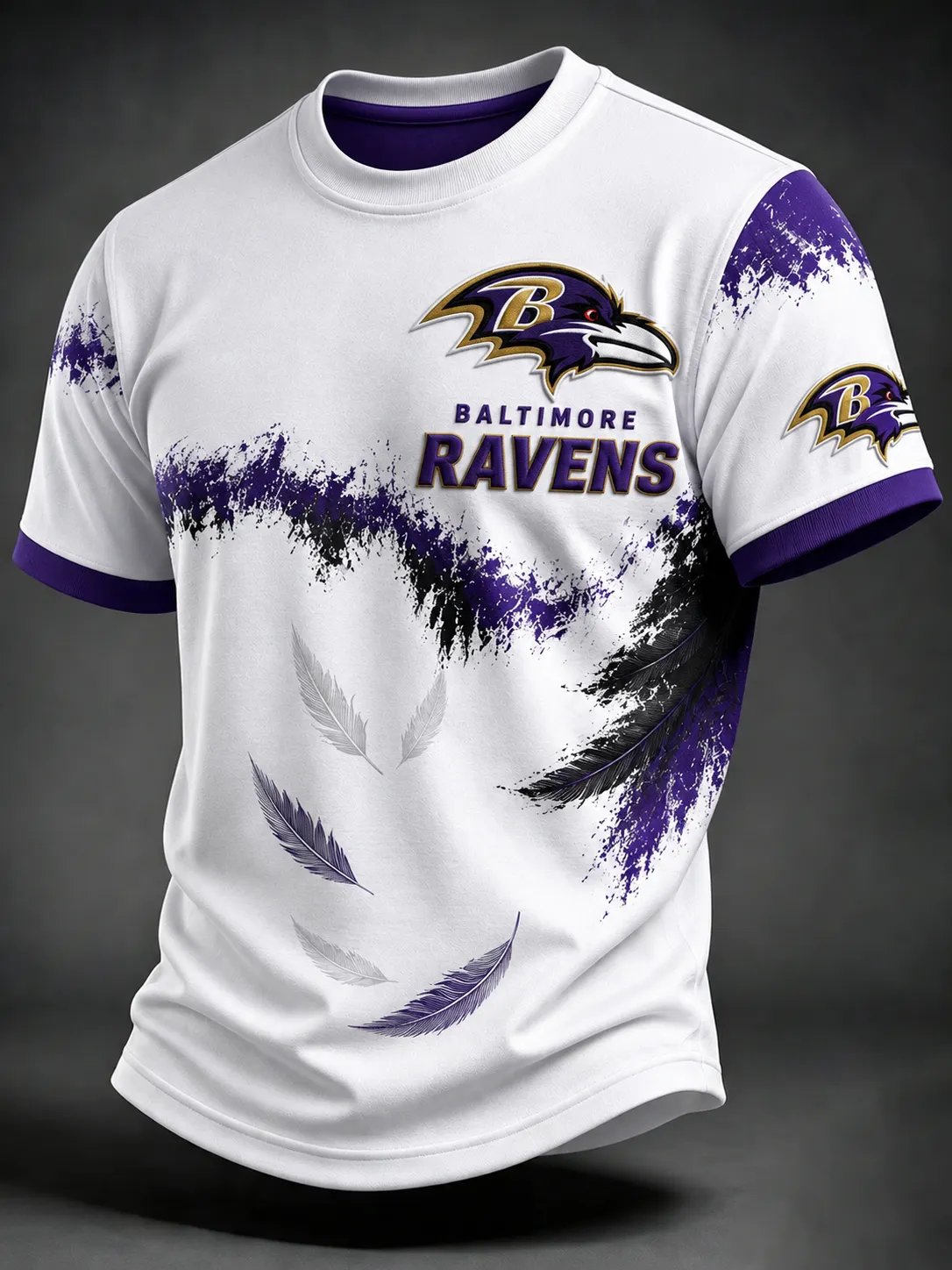 Men's Baltimore Ravens Splash Feather Print Crew Neck Football T-Shirt
